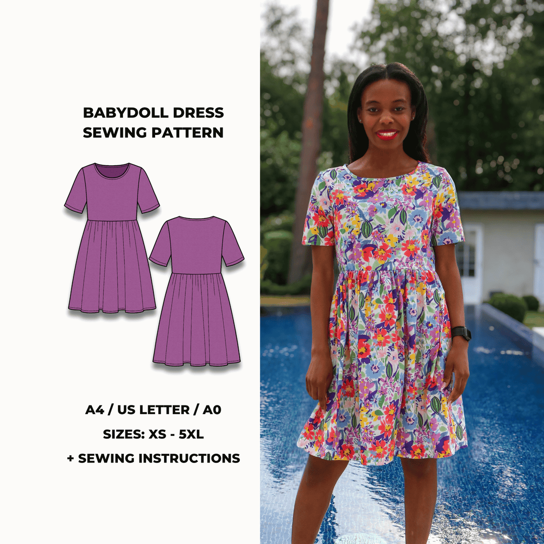 Babydoll dress sewing pattern with short sleeves, high waistline, and gathered skirt. Digital PDF download includes A4, US Letter, and A0 formats. Sewing instructions included.