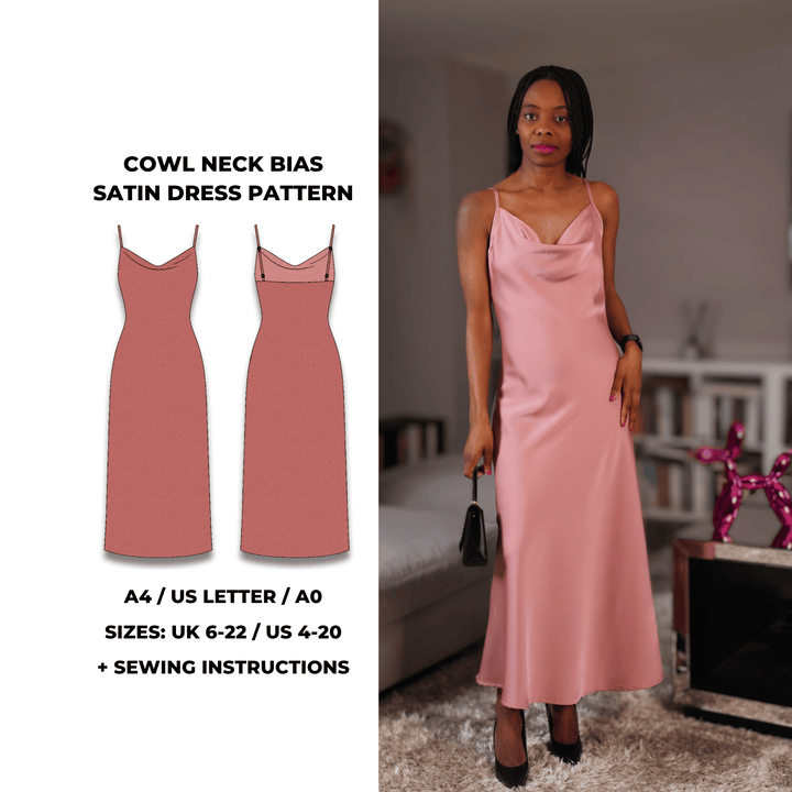 Cowl-Neck Slip Dress PDF sewing pattern. Sizes UK 6–22. Beginner-friendly with sew-along video tutorial.