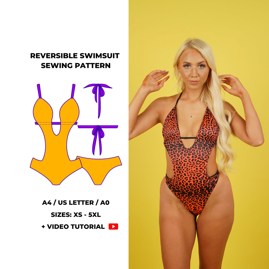 Reversible one-piece swimsuit sewing pattern with deep V neckline, side cut-outs, and adjustable halter neck ties. Colourful leopard print on one side and solid reverse. Includes sizes XS, S, M, L, XL, 2XL, 3XL, 4XL, 5XL. Comes as a digital PDF download in A4, US Letter, and A0 formats. Includes sew-along video tutorial for beginners.