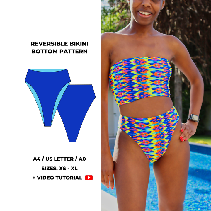 Reversible High-Cut Bikini Bottom PDF sewing pattern. Sizes XS–XL. Beginner-friendly with sew-along video tutorial.