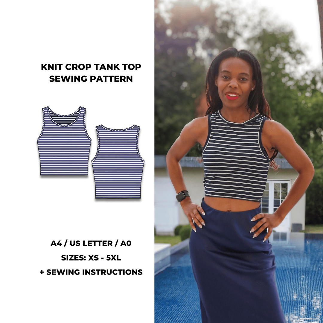 Knit crop tank top sewing pattern with scoop neckline and fitted silhouette. Digital PDF download includes A4, US Letter, and A0 formats. Sizes XS, S, M, L, XL, 2XL, 3XL, 4XL, 5XL. Sewing instructions included.