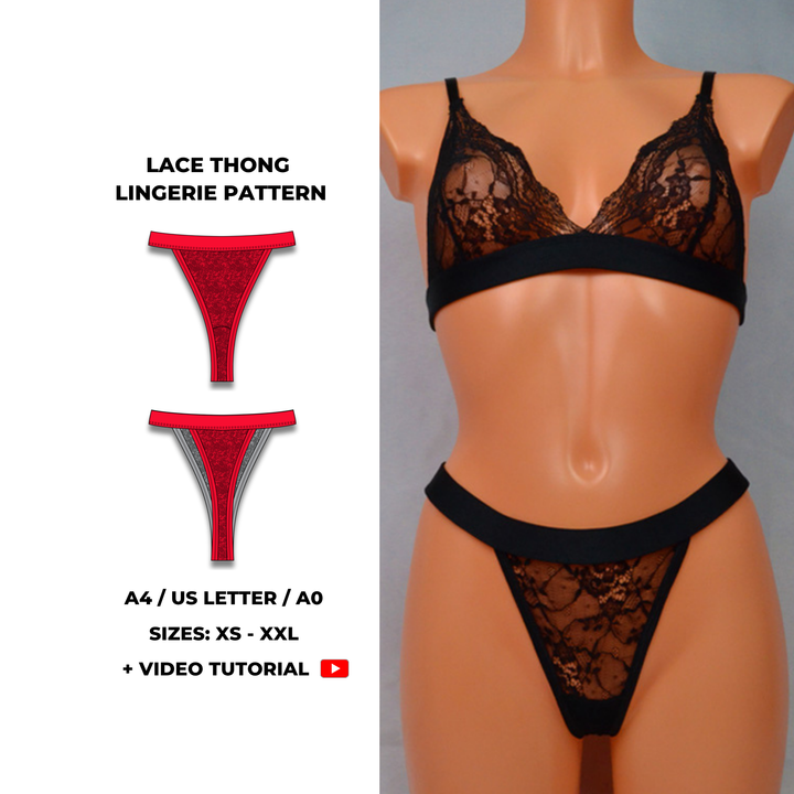Lace Thong Lingerie PDF sewing pattern. Sizes XS–2XL. Beginner-friendly with sew-along video tutorial.
