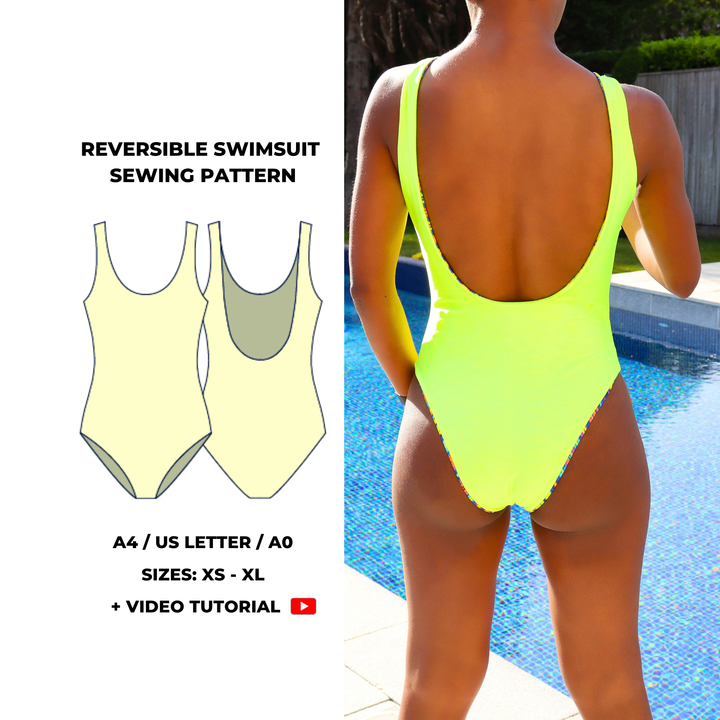 Reversible swimsuit sewing pattern with scoop neckline and low-cut back. Simple one-piece design with clean finish and wide straps. Includes sizes XS, S, M, L, XL. Comes as a digital PDF download in A4, US Letter, and A0 formats. Includes a step-by-step video tutorial for beginners.