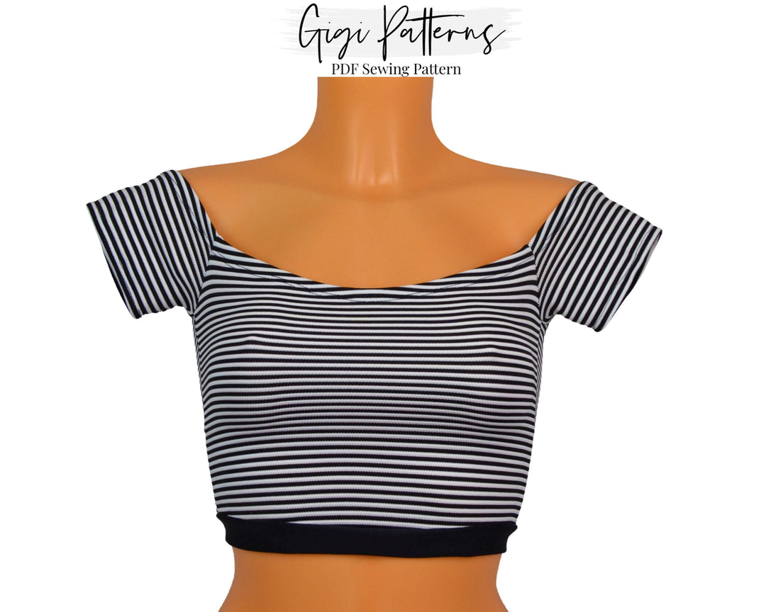 Off shoulder crop top sewing pattern with fitted bodice and short sleeves. Digital PDF pattern includes A4, US Letter, and A0 formats. Sizes XS, S, M, L, XL, XXL. Sewing instructions included.