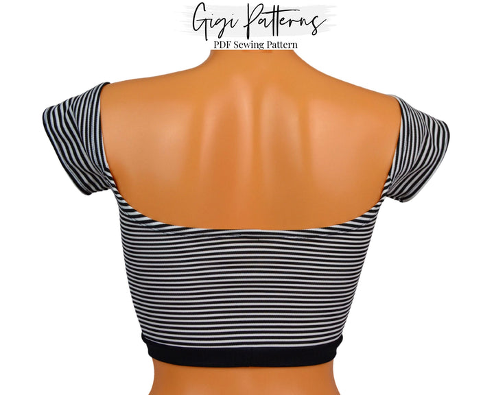 Off shoulder crop top sewing pattern with fitted bodice and short sleeves. Digital PDF pattern includes A4, US Letter, and A0 formats. Sizes XS, S, M, L, XL, XXL. Sewing instructions included.