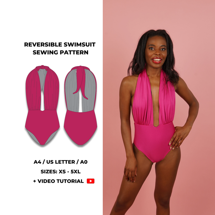 Plunge halter reversible one-piece swimsuit PDF sewing pattern in stretch swimwear lycra — bold neckline. Sizes XS to 5XL with sew-along video.