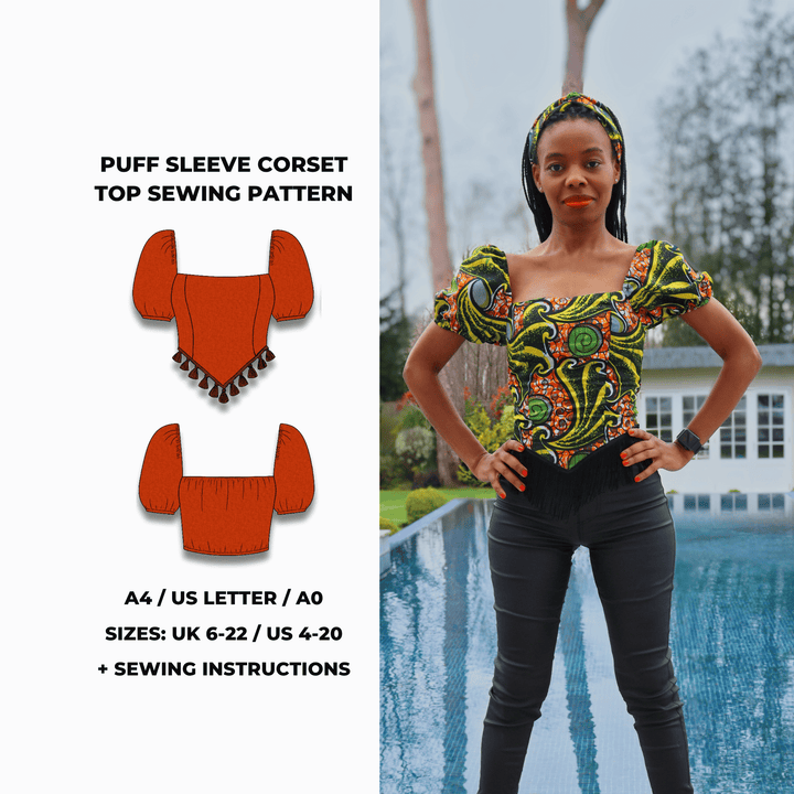 Puff sleeve corset top sewing pattern with square neckline and pointed hem. Digital PDF download includes A4, US Letter, and A0 formats. Sewing instructions included.