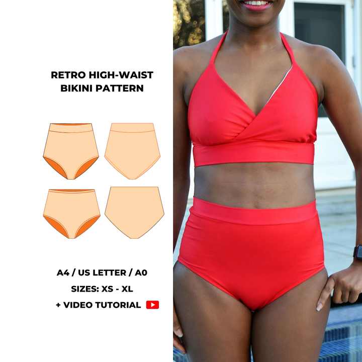 Retro High-Waist Bikini Bottom PDF sewing pattern. Sizes XS–XL. Beginner-friendly with sew-along video tutorial.