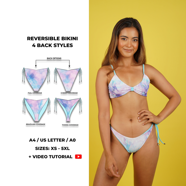 Reversible bikini bottom sewing pattern with four back coverage options: full, cheeky, Brazilian, and thong. Adjustable side-tie design. Includes sizes XS, S, M, L, XL, 2XL, 3XL, 4XL, 5XL. Comes as a PDF download in A4, US Letter, and A0 formats. Digital swimwear pattern with video tutorial for sewing beginners.