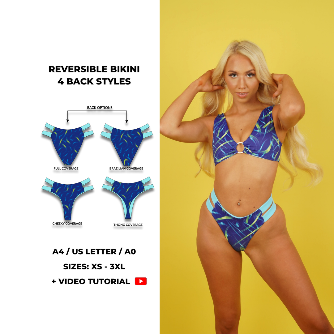 Reversible bikini bottom sewing pattern with four back coverage options: full, Brazilian, cheeky, and thong. High-waisted design with side strap details. Digital PDF download includes A4, US Letter, and A0 formats. Sizes XS, S, M, L, XL, 2XL, 3XL. Step-by-step video tutorial included. Swimwear bottom pattern PDF, fashion designer pattern.