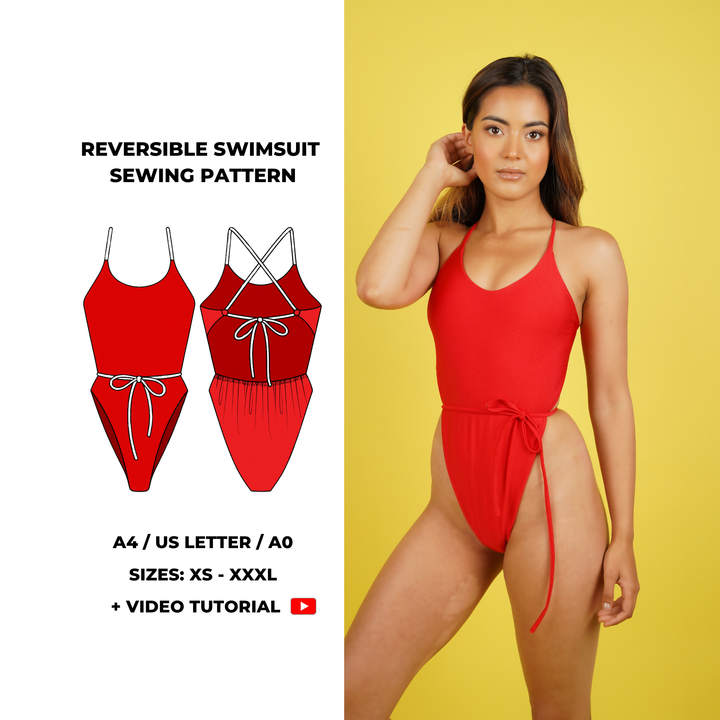 Reversible Cross-Back Swimsuit PDF sewing pattern. Sizes XS–3XL. Beginner-friendly with sew-along video tutorial.