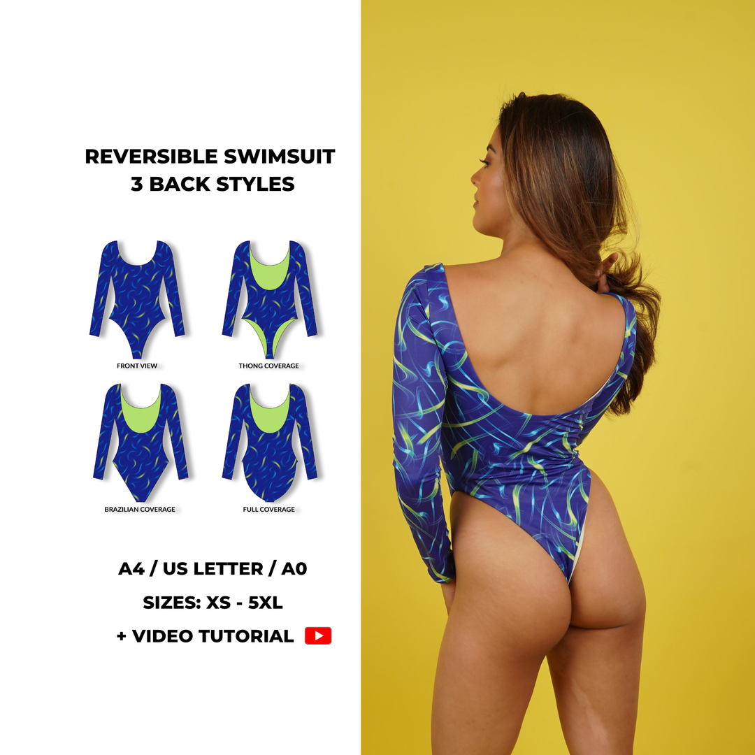 Reversible long sleeve swimsuit sewing pattern with three back options: thong, Brazilian, and full coverage. Includes front and back views. Digital PDF in A4, US Letter, and A0 formats. Sizes XS, S, M, L, XL, 2XL, 3XL, 4XL, 5XL. Includes step-by-step video tutorial. Fashion designer swimwear, swimwear pattern PDF, pole dance costume pattern.