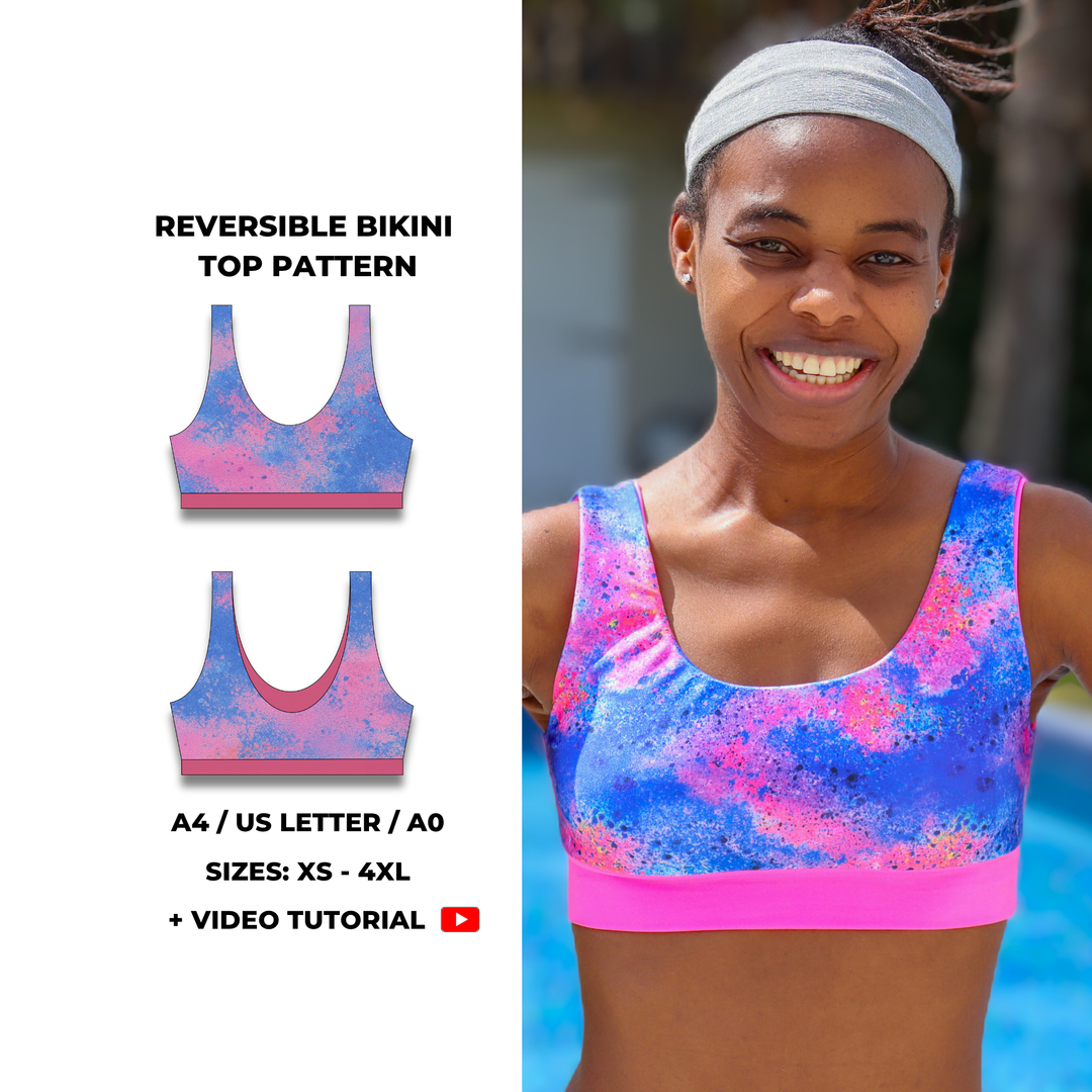 Reversible sporty bikini top sewing pattern with scoop neckline and wide straps. Ideal for active swimwear. Digital PDF includes A4, US Letter, and A0 formats. Sizes XS, S, M, L, XL, 2XL, 3XL, 4XL, 5XL. Step-by-step video tutorial included.