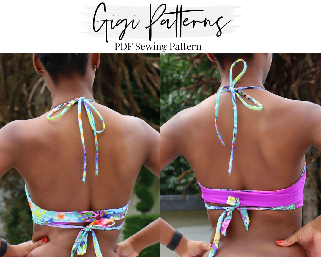 Reversible wrap bikini top sewing pattern with halter neckline and underbust tie. Features a floral print on one side and solid colour on the reverse. Adjustable neck and back ties. Includes sizes XS, S, M, L, XL, 2XL, 3XL, 4XL. Comes as a digital PDF download in A4, US Letter, and A0 formats. Includes sew-along video tutorial for beginners.
