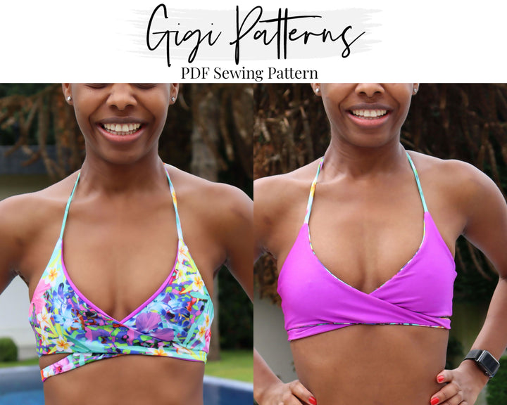 Reversible wrap bikini top sewing pattern with halter neckline and underbust tie. Features a floral print on one side and solid colour on the reverse. Adjustable neck and back ties. Includes sizes XS, S, M, L, XL, 2XL, 3XL, 4XL. Comes as a digital PDF download in A4, US Letter, and A0 formats. Includes sew-along video tutorial for beginners.