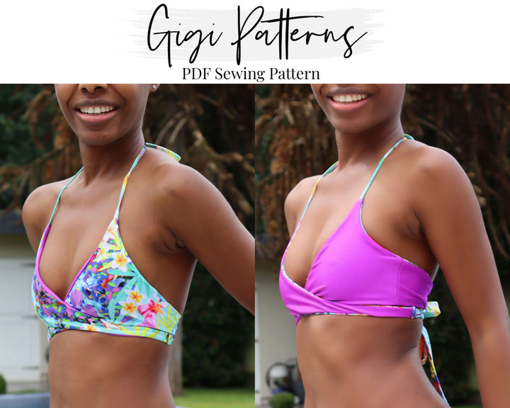 Reversible wrap bikini top sewing pattern with halter neckline and underbust tie. Features a floral print on one side and solid colour on the reverse. Adjustable neck and back ties. Includes sizes XS, S, M, L, XL, 2XL, 3XL, 4XL. Comes as a digital PDF download in A4, US Letter, and A0 formats. Includes sew-along video tutorial for beginners.