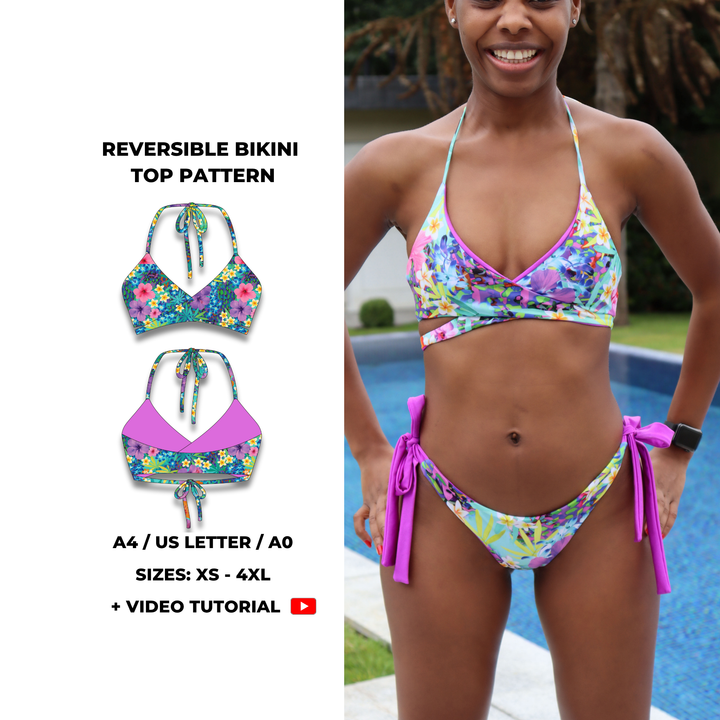 Reversible wrap bikini top sewing pattern with halter neckline and underbust tie. Features a floral print on one side and solid colour on the reverse. Adjustable neck and back ties. Includes sizes XS, S, M, L, XL, 2XL, 3XL, 4XL. Comes as a digital PDF download in A4, US Letter, and A0 formats. Includes sew-along video tutorial for beginners.