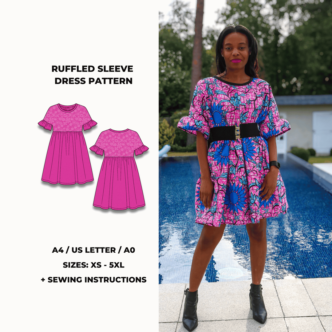 Ruffled sleeve dress sewing pattern with gathered skirt and round neckline. Digital PDF pattern includes A4, US Letter, and A0 formats. Sizes XS to 5XL with sewing instructions included.