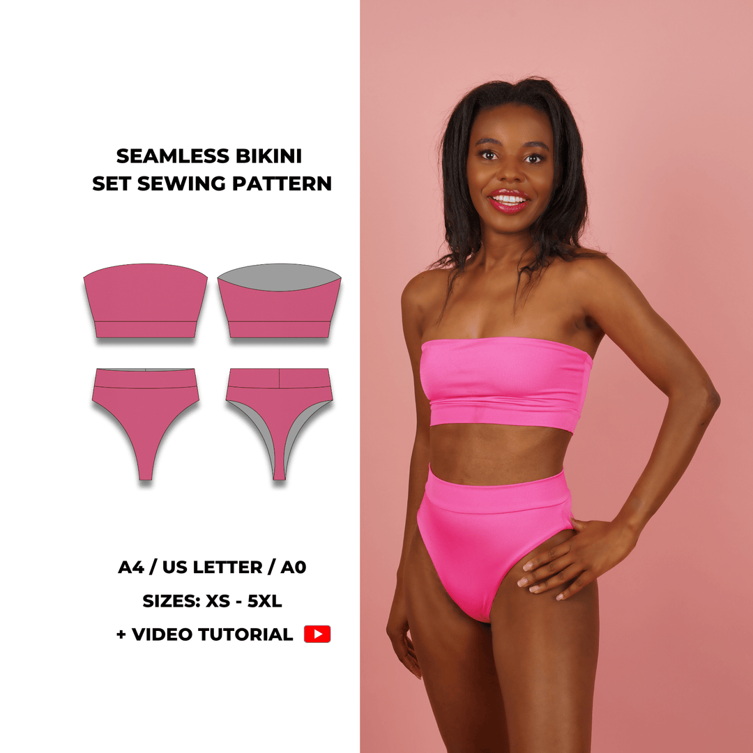 Seamless bikini set sewing pattern with bandeau top and high-waisted bottoms. Includes A4, US Letter, and A0 PDF formats. Sizes XS, S, M, L, XL, 2XL, 3XL, 4XL, 5XL. Includes step-by-step video tutorial.