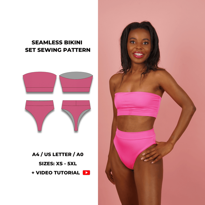 Seamless bikini set sewing pattern with bandeau top and high-waisted bottoms. Includes A4, US Letter, and A0 PDF formats. Sizes XS, S, M, L, XL, 2XL, 3XL, 4XL, 5XL. Includes step-by-step video tutorial.