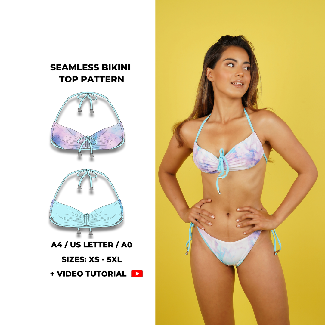 Seamless bikini top sewing pattern with adjustable centre front and back ruching, tie-neck, and tie-back straps. Scoop-style fit with gathered front. Digital PDF includes A4, US Letter, and A0 formats. Sizes XS, S, M, L, XL, 2XL, 3XL, 4XL, 5XL. Step-by-step video tutorial included. Fashion swimwear pattern, DIY bikini top PDF.