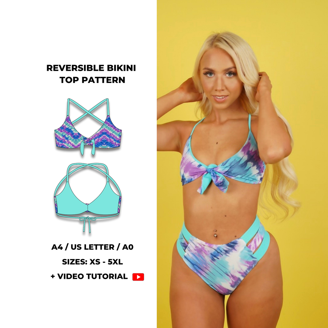 Reversible triangle bikini top sewing pattern – XS to 5XL with full tutorial and A0, A4 formats