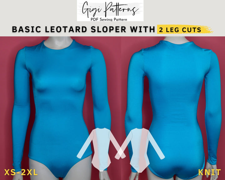 Women's Basic Leotard Sloper Pattern Block // Fashion designer, swimwear basic sloper, sloper pattern pdf, leotard pattern pdf, pole dance, Basic swimwear block and leotard sloper sewing pattern with long sleeves and scoop back. Includes two leg cut options. Digital PDF pattern in A4, US Letter, and A0 formats. Sizes XS, S, M, L, XL, XXL. Ideal for one-piece swimsuits, leotards, or pole dance outfits. Fashion designer sloper, swimwear basic sloper, sloper pattern PDF, leotard pattern PDF.