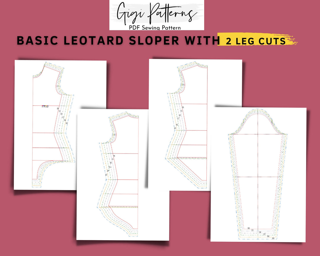 Women's Basic Leotard Sloper Pattern Block // Fashion designer, swimwear basic sloper, sloper pattern pdf, leotard pattern pdf, pole dance, Basic swimwear block and leotard sloper sewing pattern with long sleeves and scoop back. Includes two leg cut options. Digital PDF pattern in A4, US Letter, and A0 formats. Sizes XS, S, M, L, XL, XXL. Ideal for one-piece swimsuits, leotards, or pole dance outfits. Fashion designer sloper, swimwear basic sloper, sloper pattern PDF, leotard pattern PDF.