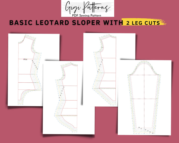 Women's Basic Leotard Sloper Pattern Block // Fashion designer, swimwear basic sloper, sloper pattern pdf, leotard pattern pdf, pole dance, Basic swimwear block and leotard sloper sewing pattern with long sleeves and scoop back. Includes two leg cut options. Digital PDF pattern in A4, US Letter, and A0 formats. Sizes XS, S, M, L, XL, XXL. Ideal for one-piece swimsuits, leotards, or pole dance outfits. Fashion designer sloper, swimwear basic sloper, sloper pattern PDF, leotard pattern PDF.