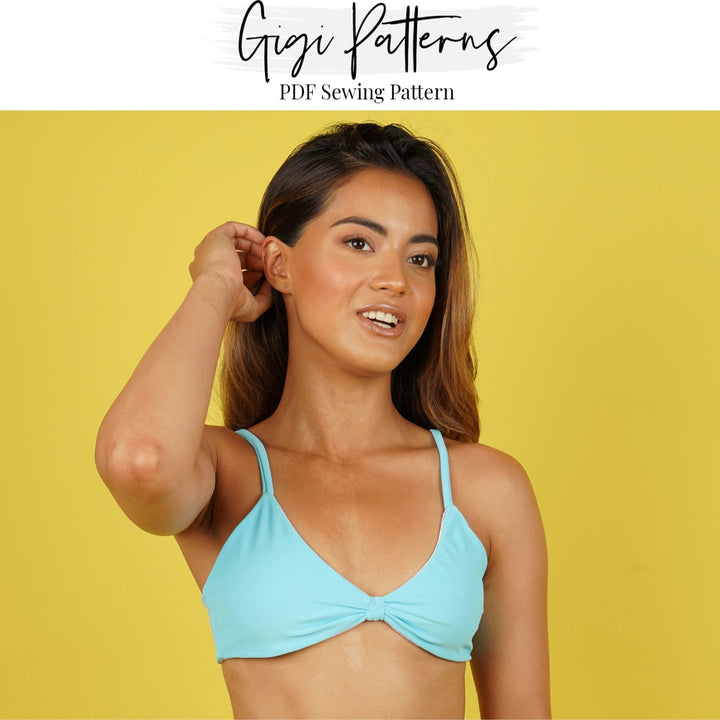 Reversible bikini top sewing pattern with adjustable shoulder straps and a front knot detail. Includes sizes XS, S, M, L, XL, 2XL, 3XL, 4XL, 5XL. Comes as a PDF download in A4, US Letter, and A0 formats. Digital swimwear pattern with video tutorial, beginner friendly.