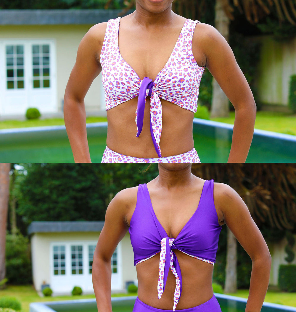 Reversible bikini top sewing pattern with wide shoulder straps and front tie knot. Scoop back and clean finish. Includes sizes XS, S, M, L, XL, 2XL, 3XL, 4XL, 5XL. Comes as a digital PDF download in A4, US Letter, and A0 formats. Includes sew-along video tutorial for beginners.