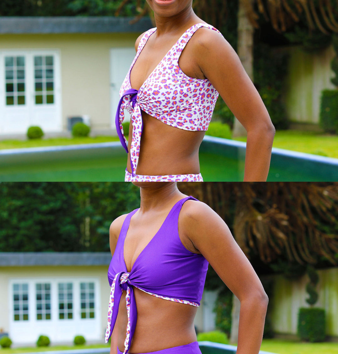 Reversible bikini top sewing pattern with wide shoulder straps and front tie knot. Scoop back and clean finish. Includes sizes XS, S, M, L, XL, 2XL, 3XL, 4XL, 5XL. Comes as a digital PDF download in A4, US Letter, and A0 formats. Includes sew-along video tutorial for beginners.