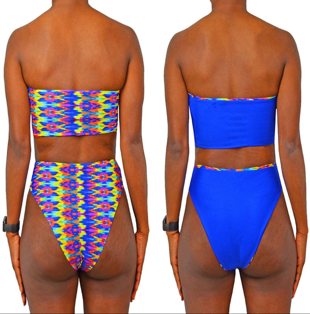 Reversible bikini sewing pattern set including a bandeau top and high cut high waist bottom. Seamless finish, snug fit, and clean folded edges. Shown on model front view, suitable for stretch swimwear fabrics. Sizes XS to XL, PDF download with A4, US Letter and A0 formats. Includes step-by-step video tutorial. gigipatterns, Reversible swimsuit, Bandeau bikini bottoms, High Cut legs Bikini, high waisted sewing patterns, tummy control swimsuit,  DIY Swimsuit,  Swimsuit Patterns, pdf sewing patterns, plus size