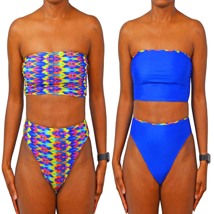 Reversible bikini sewing pattern set including a bandeau top and high cut high waist bottom. Seamless finish, snug fit, and clean folded edges. Shown on model front view, suitable for stretch swimwear fabrics. Sizes XS to XL, PDF download with A4, US Letter and A0 formats. Includes step-by-step video tutorial. gigipatterns, Reversible swimsuit, Bandeau bikini bottoms, High Cut legs Bikini, high waisted sewing patterns, tummy control swimsuit,  DIY Swimsuit,  Swimsuit Patterns, pdf sewing patterns, plus size