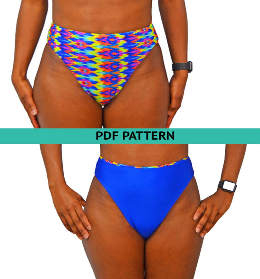 Reversible High-Cut Bikini Bottom PDF sewing pattern. Sizes XS–XL. Beginner-friendly with sew-along video tutorial.