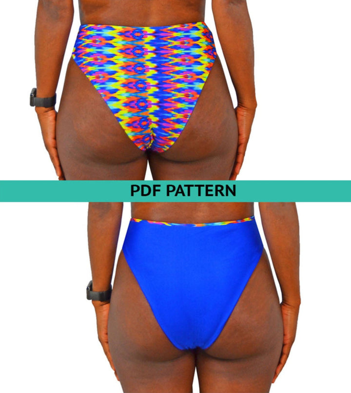 Reversible High-Cut Bikini Bottom PDF sewing pattern. Sizes XS–XL. Beginner-friendly with sew-along video tutorial.