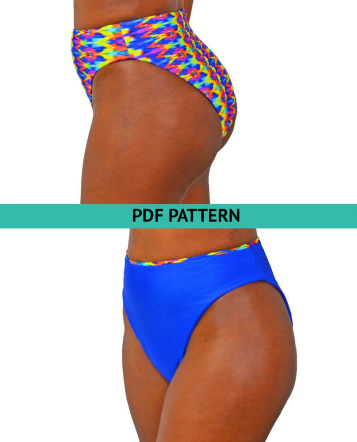Reversible High-Cut Bikini Bottom PDF sewing pattern. Sizes XS–XL. Beginner-friendly with sew-along video tutorial.