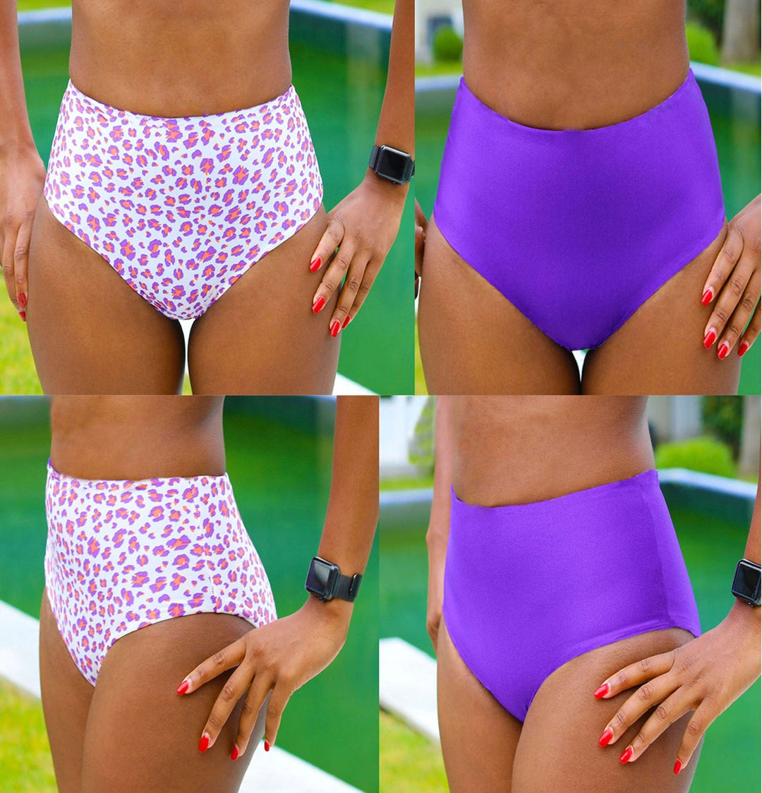 Reversible high-waist bikini bottom sewing pattern with clean finish and full coverage. Includes sizes XS, S, M, L, XL, 2XL, 3XL, 4XL, 5XL. Comes as a digital PDF download in A4, US Letter, and A0 formats. Includes sew-along video tutorial for beginners.