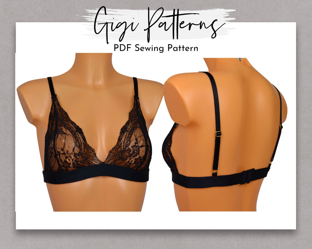 Lace bralette lingerie sewing pattern with adjustable straps and soft underbust band. Digital PDF download includes A4, US Letter, and A0 formats. Sizes XS, S, M, L, XL, XXL. Includes step-by-step video tutorial.
