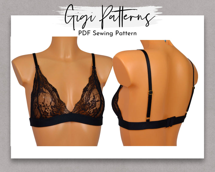 Lace bralette lingerie sewing pattern with adjustable straps and soft underbust band. Digital PDF download includes A4, US Letter, and A0 formats. Sizes XS, S, M, L, XL, XXL. Includes step-by-step video tutorial.
