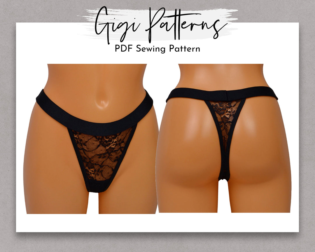 Lace Thong Lingerie PDF sewing pattern. Sizes XS–2XL. Beginner-friendly with sew-along video tutorial.
