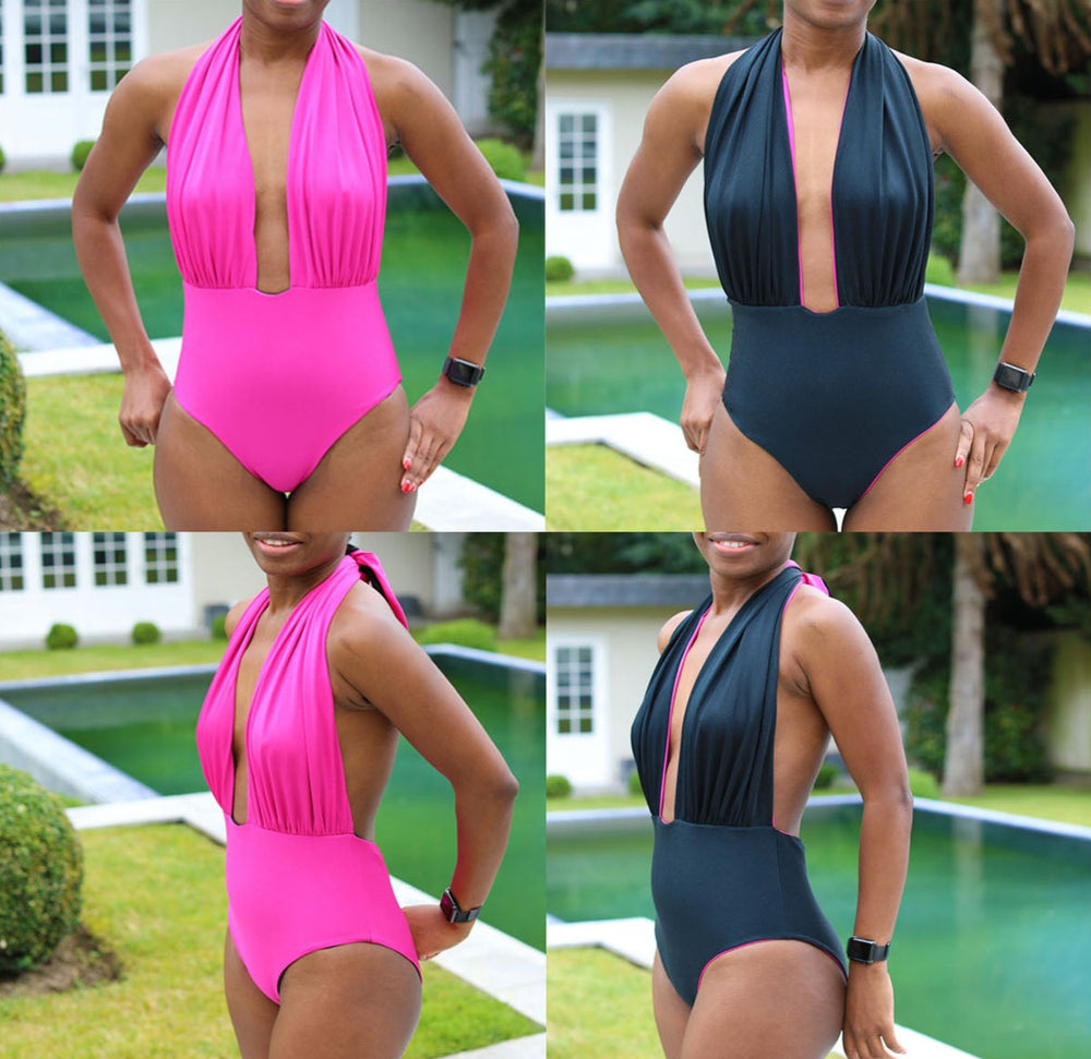 Reversible one-piece swimsuit sewing pattern with deep plunge neckline and halter tie at the neck. Gathered front design with moderate back coverage. Includes sizes XS, S, M, L, XL, 2XL, 3XL, 4XL, 5XL. Comes as a digital PDF download in A4, US Letter, and A0 formats. Includes sew-along video tutorial for beginners.