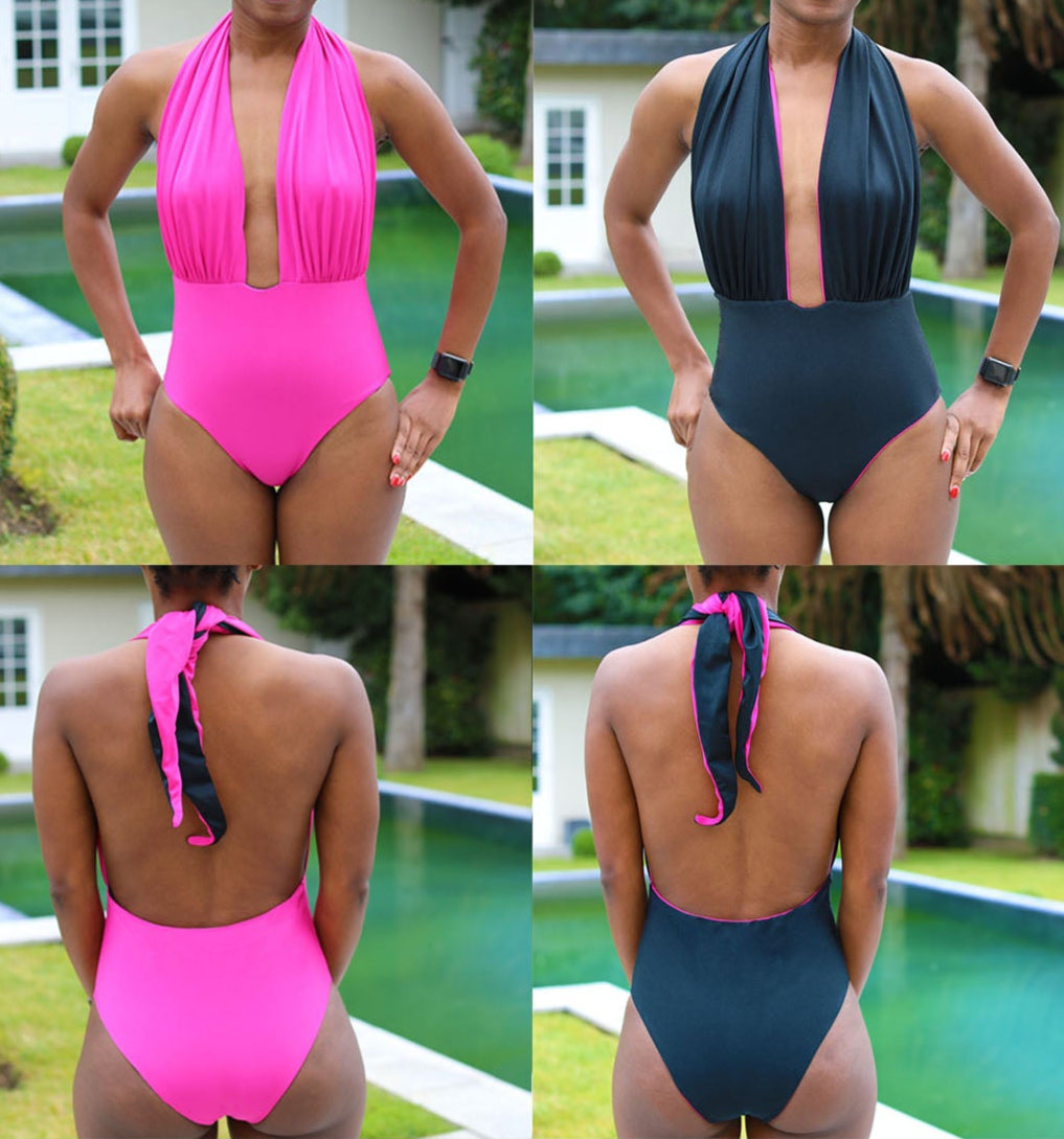 Plunge halter reversible swimsuit sewing pattern back view — beginner sewing pattern with sew-along YouTube tutorial. XS to 5XL.