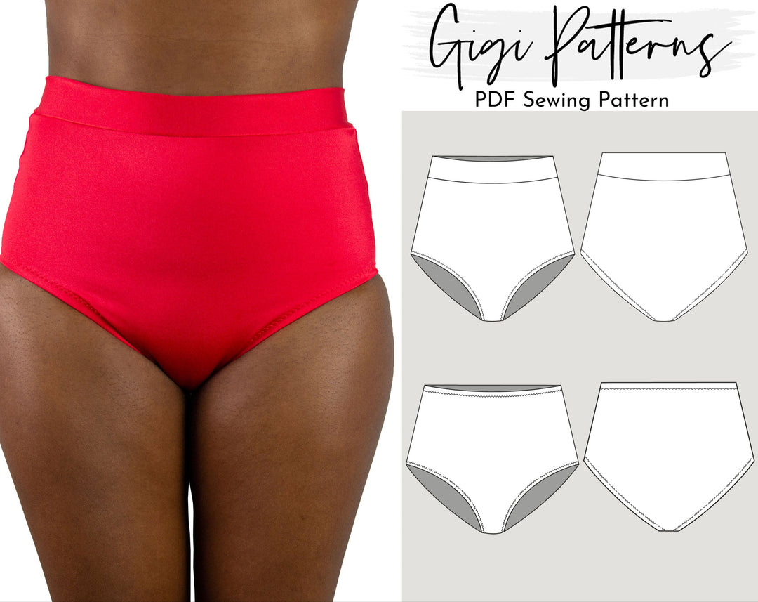 Retro High-Waist Bikini Bottom PDF sewing pattern. Sizes XS–XL. Beginner-friendly with sew-along video tutorial.