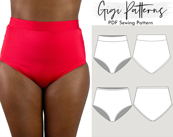 Retro High-Waist Bikini Bottom PDF sewing pattern. Sizes XS–XL. Beginner-friendly with sew-along video tutorial.