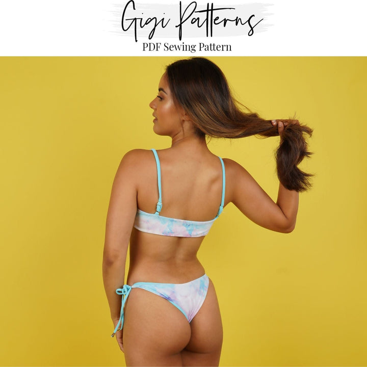 Reversible bikini bottom sewing pattern with four back coverage options: full, cheeky, Brazilian, and thong. Adjustable side-tie design. Includes sizes XS, S, M, L, XL, 2XL, 3XL, 4XL, 5XL. Comes as a PDF download in A4, US Letter, and A0 formats. Digital swimwear pattern with video tutorial for sewing beginners.