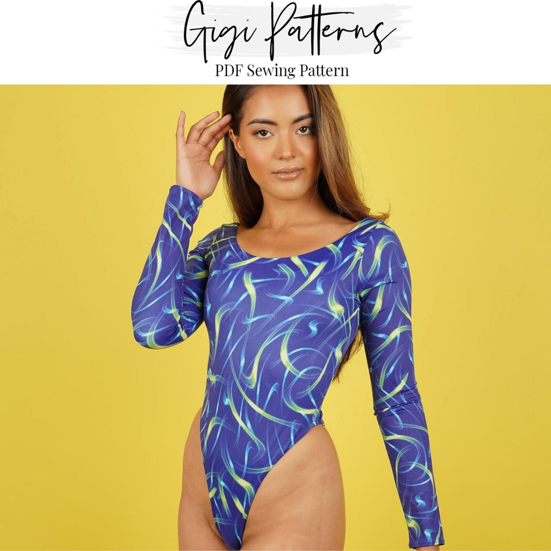 Reversible long sleeve swimsuit sewing pattern with three back options: thong, Brazilian, and full coverage. Includes front and back views. Digital PDF in A4, US Letter, and A0 formats. Sizes XS, S, M, L, XL, 2XL, 3XL, 4XL, 5XL. Includes step-by-step video tutorial. Fashion designer swimwear, swimwear pattern PDF, pole dance costume pattern.