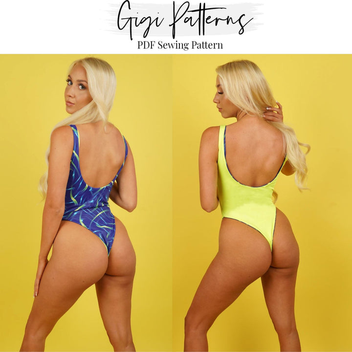 Reversible one-piece high cut swimsuit sewing pattern with scoop neckline and low back. Digital PDF includes A4, US Letter, and A0 formats. Sizes XS, S, M, L, XL, 2XL, 3XL, 4XL, 5XL. Includes step-by-step video tutorial. Swimwear pattern PDF, high leg swimsuit pattern, fashion designer sewing pattern.