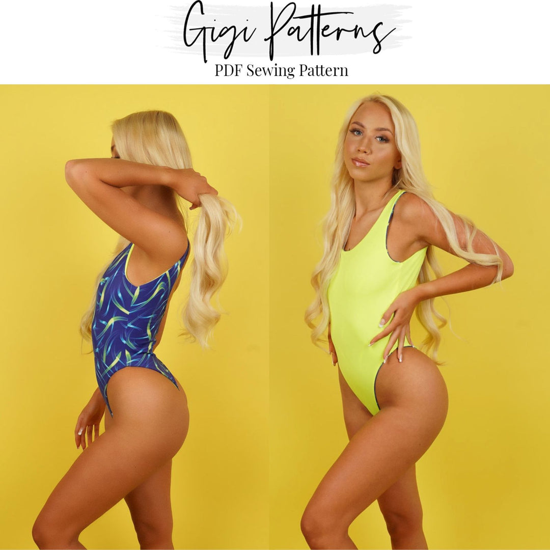 Reversible one-piece high cut swimsuit sewing pattern with scoop neckline and low back. Digital PDF includes A4, US Letter, and A0 formats. Sizes XS, S, M, L, XL, 2XL, 3XL, 4XL, 5XL. Includes step-by-step video tutorial. Swimwear pattern PDF, high leg swimsuit pattern, fashion designer sewing pattern.