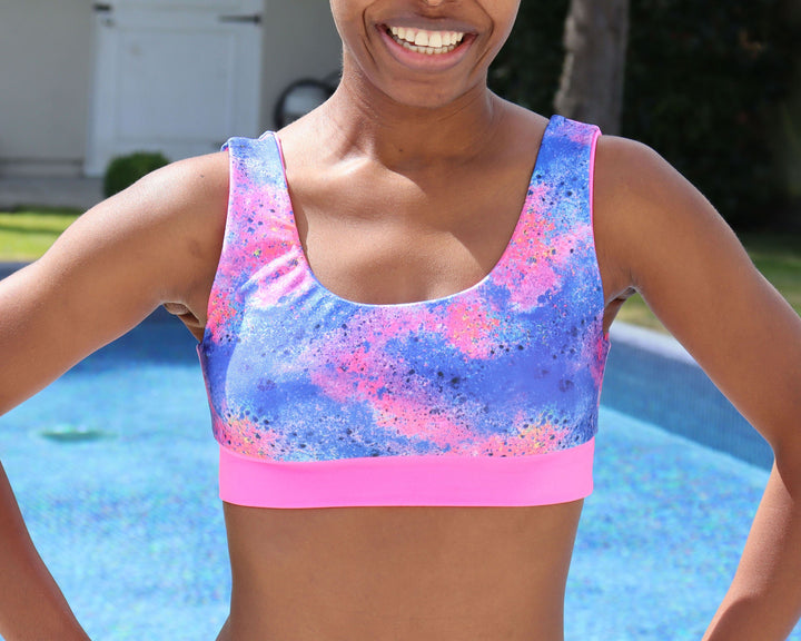 Reversible Sporty Seamless Bikini Top PDF sewing pattern. Sizes XS–4XL. Beginner-friendly with sew-along video tutorial.